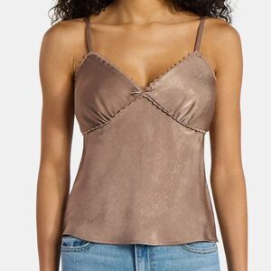 Babydoll Y2K Vibe Mocha Brown Camisole Size XL Woven Cami Top Lace Trim Bow NWT